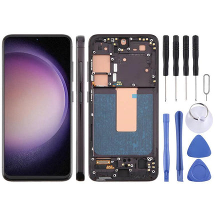 Replacement Screen for Samsung Galaxy Everyday Phone Use showing front display, internal assembly and repair tool kit