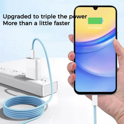 Braided USB-C Cable for Everyday Device Charging Needs — light blue braided PD fast charging cable connecting phone to power strip