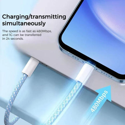 Braided USB-C Cable for Everyday Device Charging Needs — braided PD fast-charging cable connected between smartphone and laptop, 480Mbps data transfer
