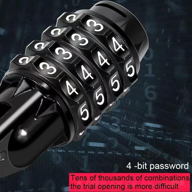 Portable Bicycle Lock With 4 Digit Password For Everyday Security close-up of black 4-digit combination lock with zinc alloy core and retractable steel cable