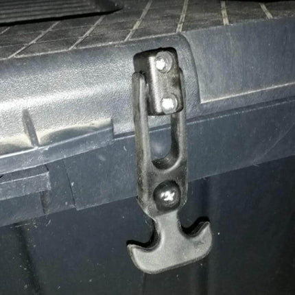 Rubber T-Handle Toolbox Lock For Cooler Lids During Travel shown mounted to cooler lid, flexible rubber T-handle buckle secured with screws