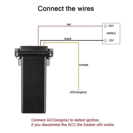 Mini Waterproof GPS Tracker for Real-Time Vehicle Monitoring wiring diagram showing red, black, orange wires to 12V/24V battery and ACC (engine) connection