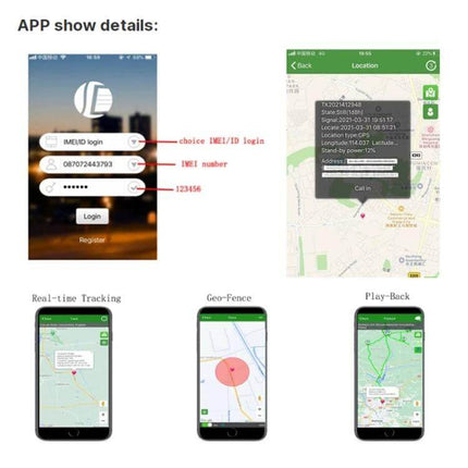 Mini Waterproof GPS Tracker for Real-Time Vehicle Monitoring app screenshots showing login, real-time tracking, geo-fence and playback on smartphones