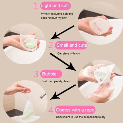 Soft Foaming Net for Daily Skin Cleansing at Home - soft PE net creating rich foam, small, lightweight, and hangs to dry