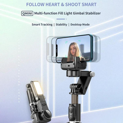 Q18 Gimbal Selfie Stick for Daily Photo Moments showing compact gimbal selfie stick with phone, smart tracking and fill light for stable family photos