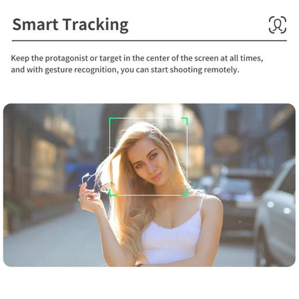 Q18 Gimbal Selfie Stick for Daily Photo Moments showing smart tracking face box on woman in street scene