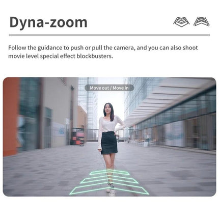 Q18 Gimbal Selfie Stick for Daily Photo Moments - woman centered with dyna-zoom guidance and neon tracking path in urban plaza, stabilizing phone shot