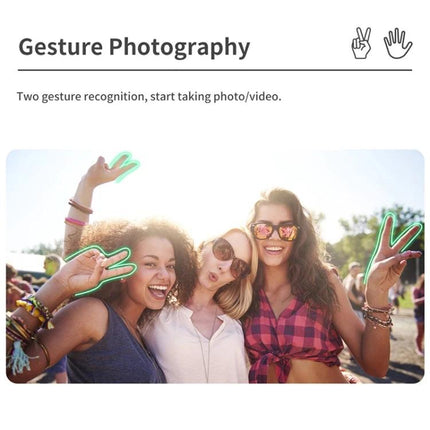 Q18 Gimbal Selfie Stick for Daily Photo Moments capturing three friends making peace-gesture selfie at outdoor event, stabilized, anti-shake group photo