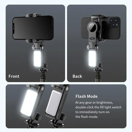 Q18 Gimbal Selfie Stick for Daily Photo Moments showing front and back views with built-in LED fill light and phone mount