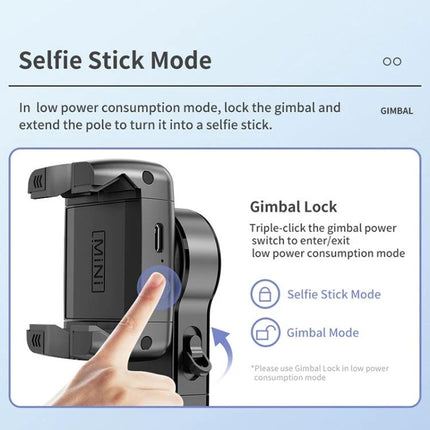 Q18 Gimbal Selfie Stick for Daily Photo Moments showing gimbal lock and selfie stick mode with finger pressing button