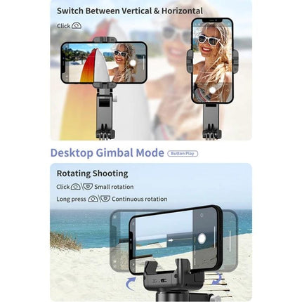 Q18 Gimbal Selfie Stick for Daily Photo Moments showing vertical and horizontal phone mount and desktop rotating gimbal mode