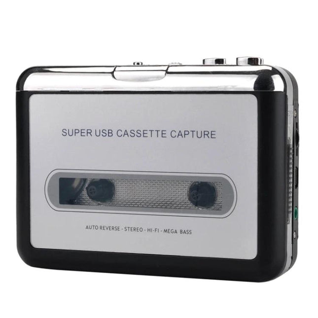 Ezcap 218 Portable USB Cassette to MP3 Converter Device showing portable cassette-to-MP3 converter with USB cassette capture for digitizing tapes