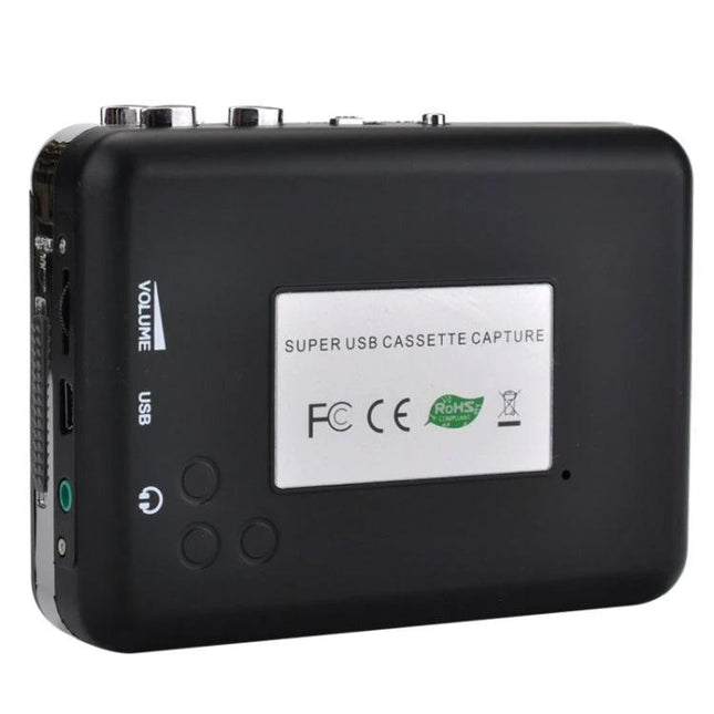 Ezcap 218 Portable USB Cassette to MP3 Converter Device shown from side with USB port and volume controls, black portable cassette-to-MP3 capture unit