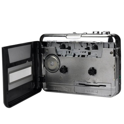 Ezcap 218 Portable USB Cassette to MP3 Converter Device open cassette compartment showing tape transport and USB conversion controls