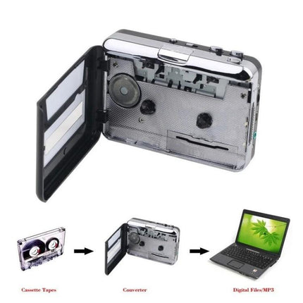 Ezcap 218 Portable USB Cassette to MP3 Converter Device showing open cassette converter and laptop transfer