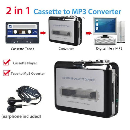 Ezcap 218 Portable USB Cassette to MP3 Converter Device shown converting cassette tapes to digital MP3 files with USB hookup and earphones included