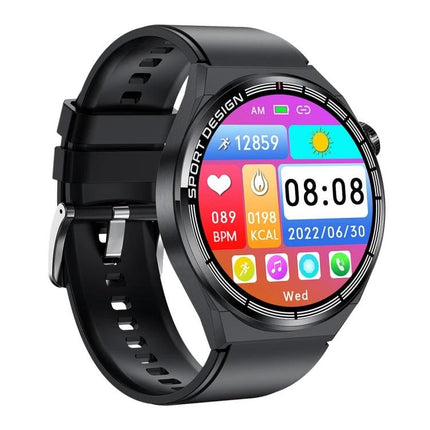 HDT Max Smart Watch for Daily Activity and Health Tracking - black round smartwatch showing step count, heart rate, calories, time and colorful app icons