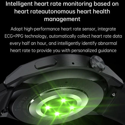 HDT Max Smart Watch for Daily Activity and Health Tracking showing green ECG+PPG heart rate sensors on watch underside