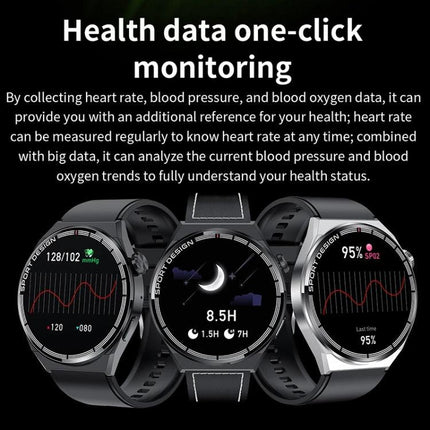 HDT Max Smart Watch for Daily Activity and Health Tracking showing heart rate, blood oxygen, and sleep monitoring on three watch faces