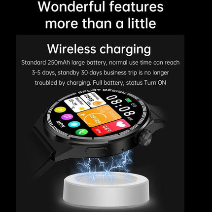 HDT Max Smart Watch for Daily Activity and Health Tracking showing wireless charging, colorful display, sleep and activity icons
