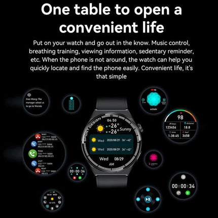 HDT Max Smart Watch for Daily Activity and Health Tracking showing black smartwatch face with various health and notification widgets on dark background