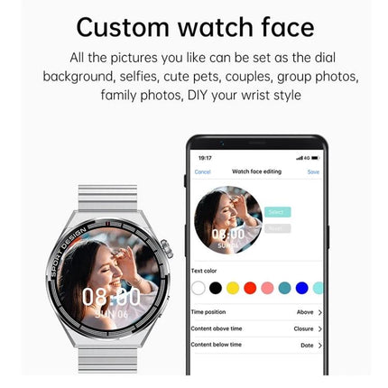 HDT Max Smart Watch for Daily Activity and Health Tracking showing custom watch face with photo, time display and mobile app editing options