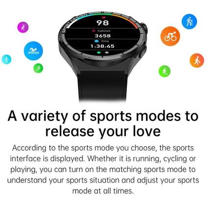 HDT Max Smart Watch for Daily Activity and Health Tracking showing sports modes, heart rate and activity icons on a black banded smartwatch