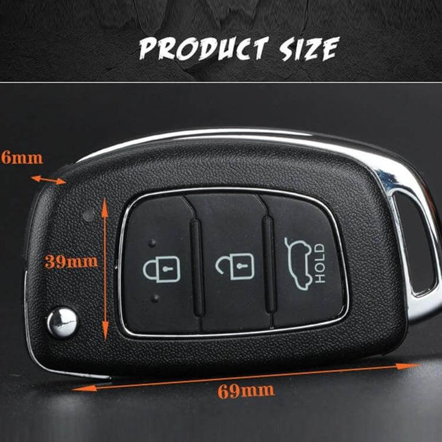 Hyundai 3-Button Folding Car Key Shell with Silver Edge showing dimensions 69x39x6mm black ABS replacement key case