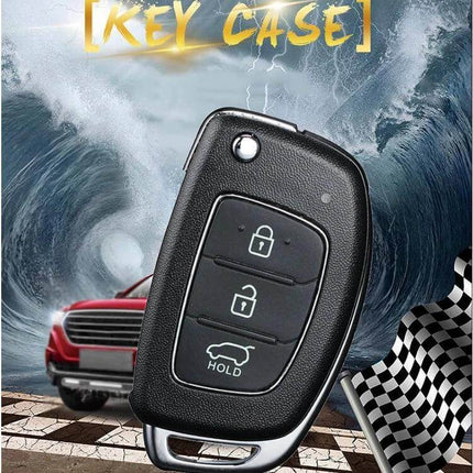 Hyundai 3-Button Folding Car Key Shell with Silver Edge - black ABS replacement key case showing lock/unlock/trunk buttons