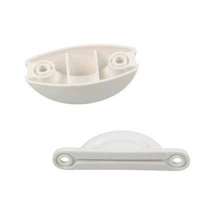RV Hatch Semi-Circular Retainer Kit With Screws For RV Doors white reinforced nylon retainer kit shown front and back
