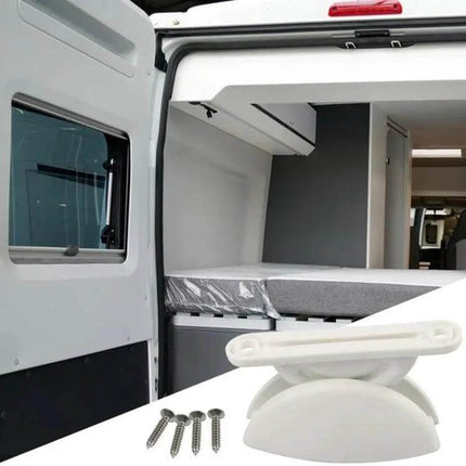 RV Hatch Semi-Circular Retainer Kit With Screws For RV Doors installed on camper door edge to prevent over-opening and secure hatch