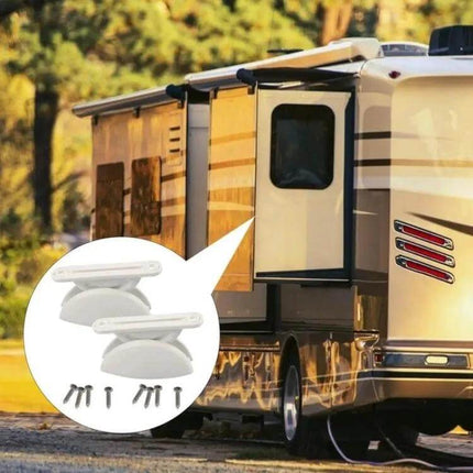RV Hatch Semi-Circular Retainer Kit With Screws For RV Doors installed on camper slide-out to prevent over-extension and secure hatch