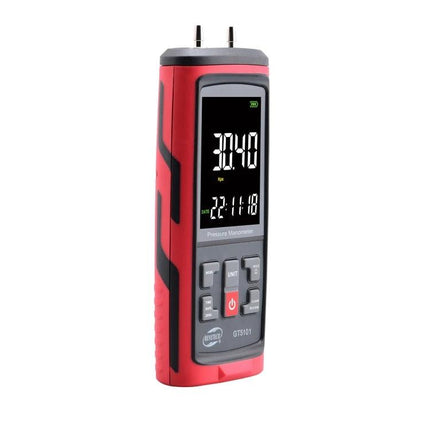 Benetech Handheld Differential Pressure Meter with LCD Display showing digital reading and control buttons for HVAC and industrial use