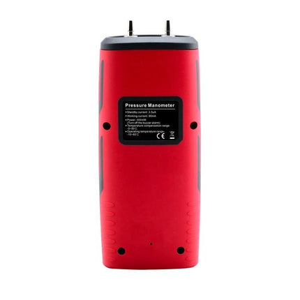 Benetech Handheld Differential Pressure Meter with LCD Display red rear view showing label and pressure ports