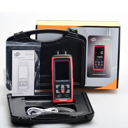 Benetech Handheld Differential Pressure Meter with LCD Display shown with hard case, tubing, manual and box for HVAC and industrial pressure testing