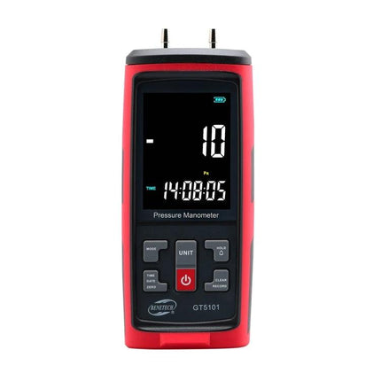 Benetech Handheld Differential Pressure Meter with LCD Display showing digital reading and buttons for HVAC and industrial pressure testing
