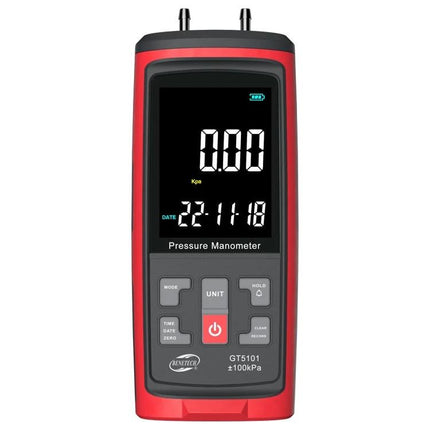 Benetech Handheld Differential Pressure Meter with LCD Display showing 0.00 kPa on screen, red handheld pressure manometer for HVAC and industrial use