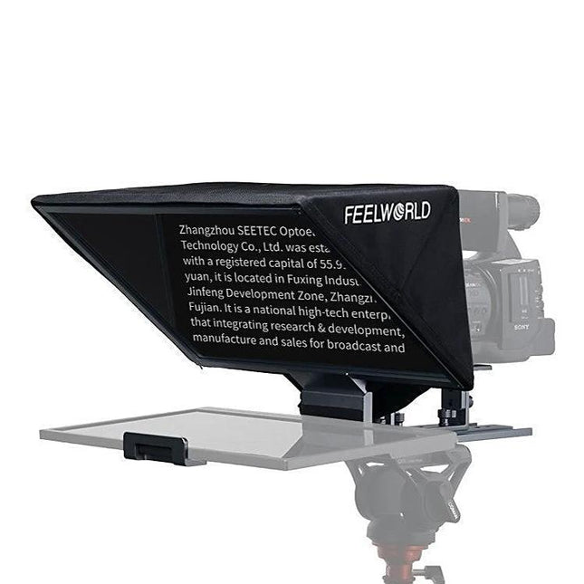 Feelworld 16-Inch Folding Teleprompter with Bluetooth Remote mounted on camera for livestreaming and video production