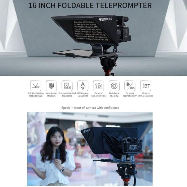 Feelworld 16-Inch Folding Teleprompter with Bluetooth Remote mounted on camera showing presenter using teleprompter for livestreaming