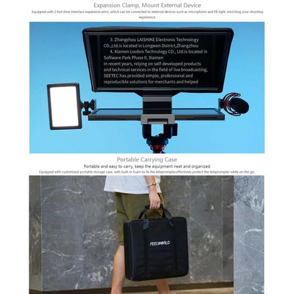 Feelworld 16-Inch Folding Teleprompter with Bluetooth Remote mounted with light and microphone, shown with portable carrying case