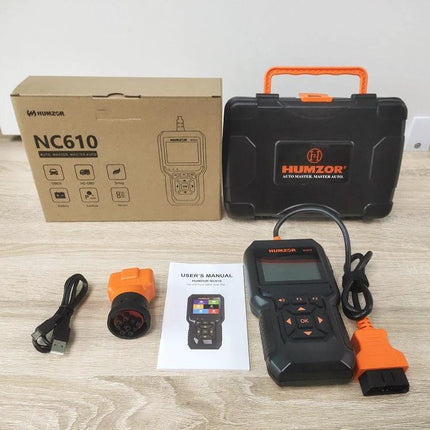 HUMZOR Tool for Daily Vehicle Checks During Road Trips compact NC610 OBD2 scanner kit with cables, connectors, manual and carry case