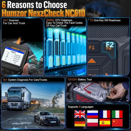 HUMZOR Tool for Daily Vehicle Checks During Road Trips handheld OBD2 scanner showing fault codes, battery test and truck/car diagnostics