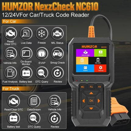 HUMZOR Tool for Daily Vehicle Checks During Road Trips handheld OBD2 code reader showing menu and icons