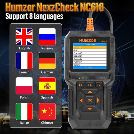 HUMZOR Tool for Daily Vehicle Checks During Road Trips handheld OBD2 scanner showing language options and flags