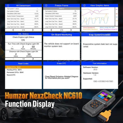 HUMZOR Tool for Daily Vehicle Checks During Road Trips diagnostic display showing OBD2 scan results and battery health