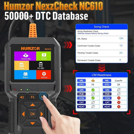 HUMZOR Tool for Daily Vehicle Checks During Road Trips handheld OBD2 scanner displaying I/M readiness and fault code results