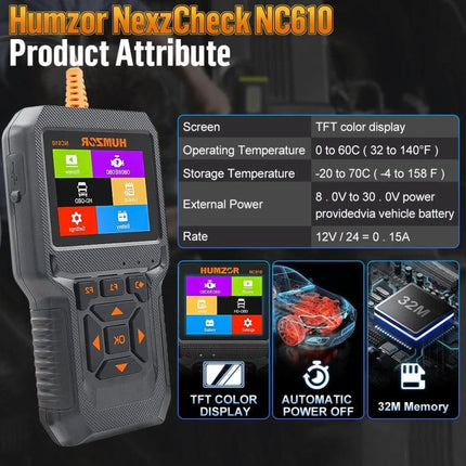 HUMZOR Tool for Daily Vehicle Checks During Road Trips handheld OBD2 diagnostic scanner with TFT color display and battery health check