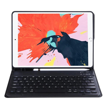iPad Detachable Bluetooth Keyboard Case with Stand and Pen Slot showing black keyboard, tablet in stand and Apple Pencil holder