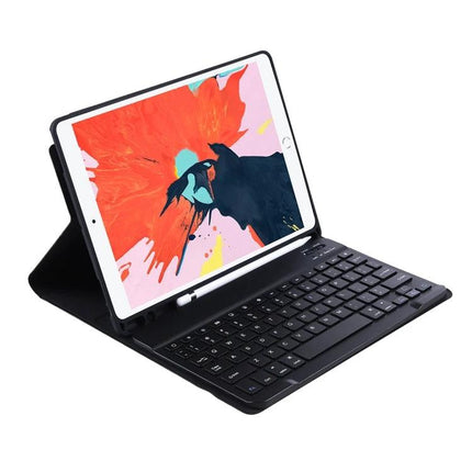 iPad Detachable Bluetooth Keyboard Case with Stand and Pen Slot in black showing tablet, detachable keyboard, stand and pen holder
