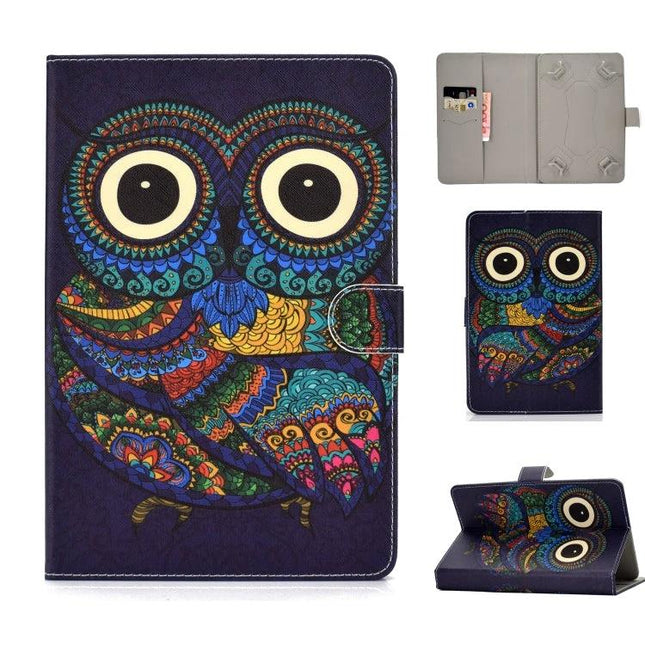 Universal PU Leather Flip Case for 7-10 Inch Tablets with Card Holder - Colorful Owl Design, Stand And Card Pocket